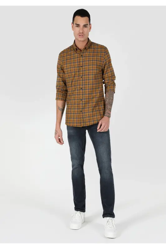 Yellow, checkered, long-sleeved, slim fit men's shirt (Cl1061023) - 3