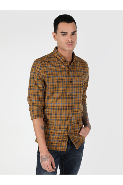 Yellow, checkered, long-sleeved, slim fit men's shirt (Cl1061023) - 1