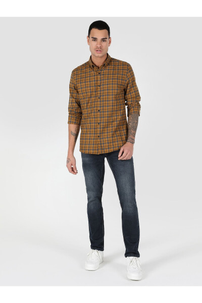 Yellow, checkered, long-sleeved, slim fit men's shirt (Cl1061023) - 3