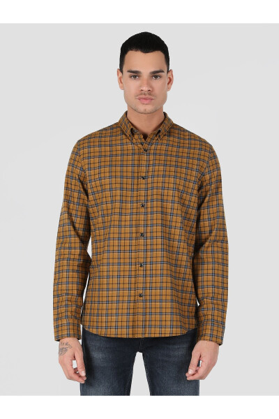 Yellow, checkered, long-sleeved, slim fit men's shirt (Cl1061023) - 4