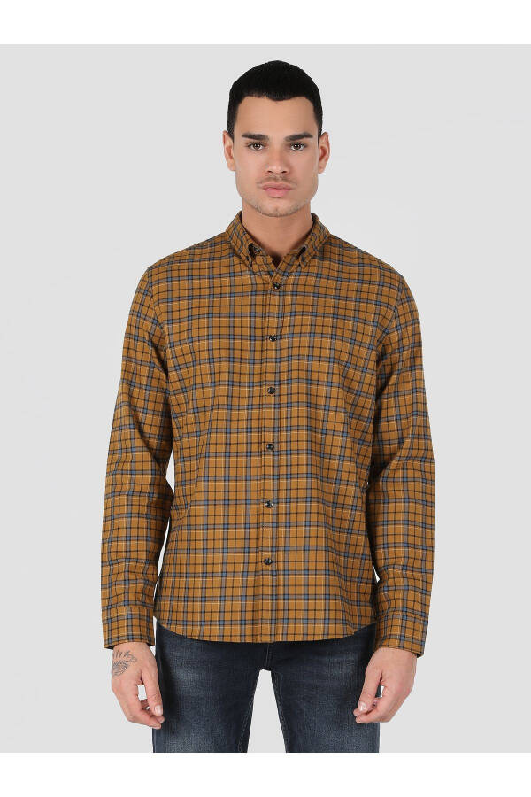 Yellow, checkered, long-sleeved, slim fit men's shirt (Cl1061023) - 4