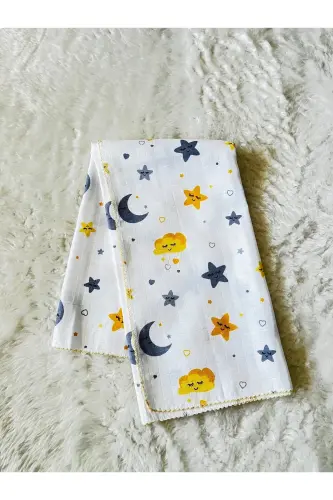 Yellow Crescent Star Pattern Muslin Fabric Multi-Purpose Baby Swaddle Blanket - Crescent Star - 4