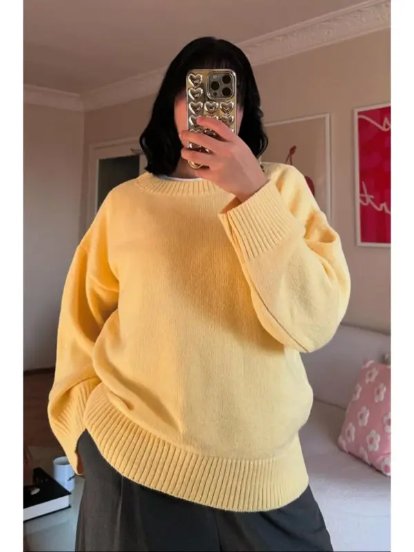 Yellow Crew Neck Oversize Knitwear Sweater Mg1972-Yellow - 1