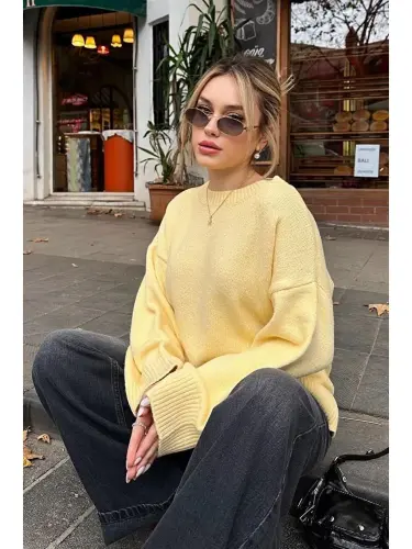 Yellow Crew Neck Oversize Knitwear Sweater Mg1972-Yellow - 3