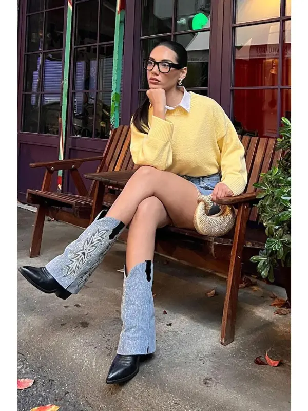 Yellow Crew Neck Oversize Knitwear Sweater Mg1972-Yellow - 5