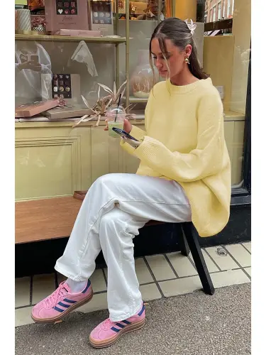 Yellow Crew Neck Oversize Knitwear Sweater Mg1972-Yellow - 6