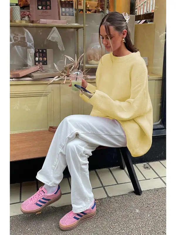 Yellow Crew Neck Oversize Knitwear Sweater Mg1972-Yellow - 6