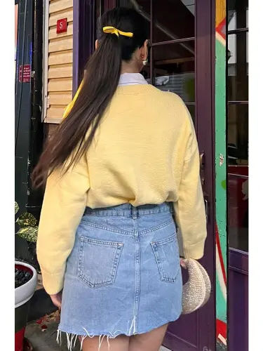 Yellow Crew Neck Oversize Knitwear Sweater Mg1972-Yellow - 7