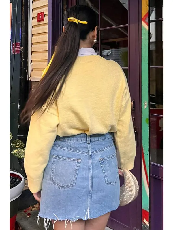 Yellow Crew Neck Oversize Knitwear Sweater Mg1972-Yellow - 7