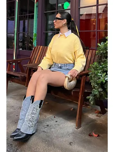 Yellow Crew Neck Oversize Knitwear Sweater Mg1972-Yellow - 8