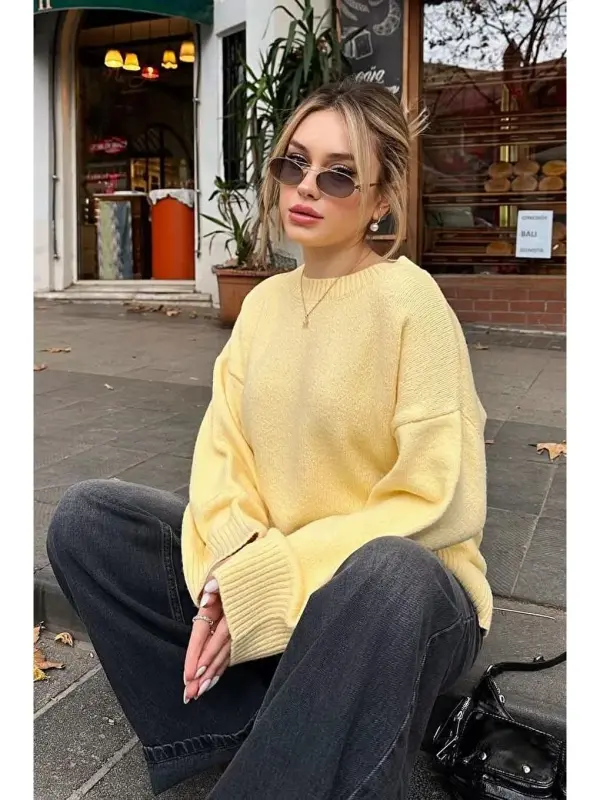 Yellow Crew Neck Oversize Knitwear Sweater Mg1972-Yellow - 3