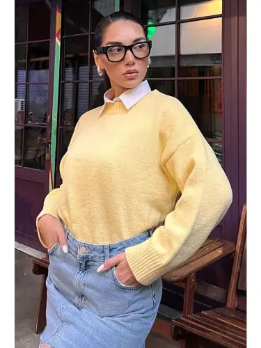 Yellow Crew Neck Oversize Knitwear Sweater Mg1972-Yellow - 4