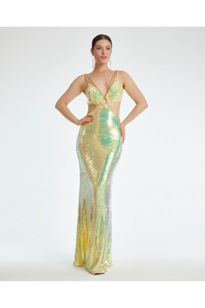 Yellow Fish Form Sequin Detail Chain Strap and Window Pane Midi Dress 37185 - SERPİL