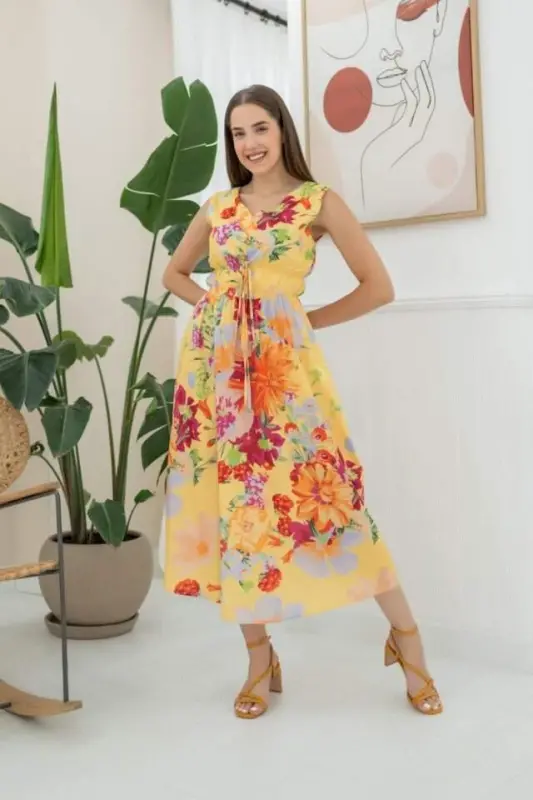 Yellow Floral Patterned Summer Dress - 5