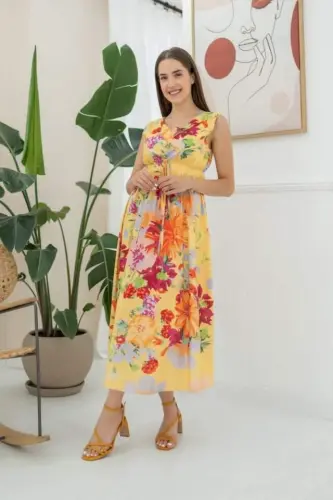 Yellow Floral Patterned Summer Dress - 1