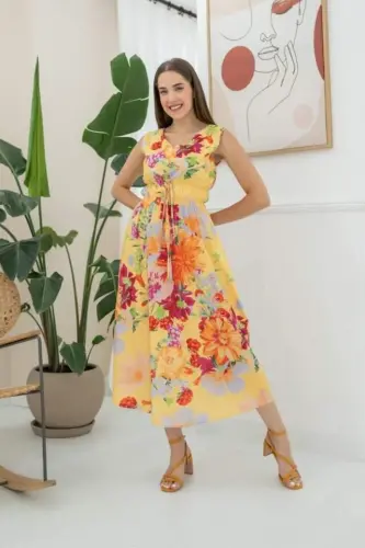 Yellow Floral Patterned Summer Dress - BÜYÜKBEDENIZ (1)