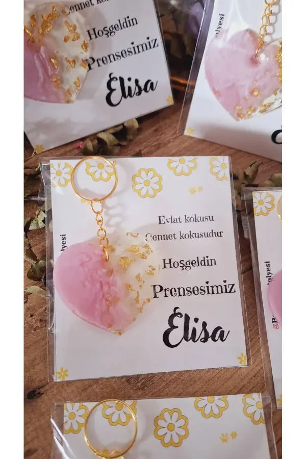 Yellow Flower Card Heart Keychain 5 Pcs Mawlid, Quran Reading, Birthday, Baby - 5