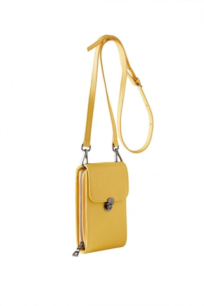 Yellow genuine leather crossbody phone bag with card holder and zippered women's bag. - 5