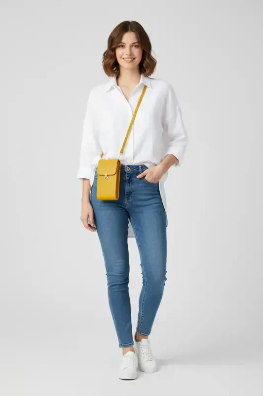 Yellow genuine leather crossbody phone bag with card holder and zippered women's bag. - DERIDERIM