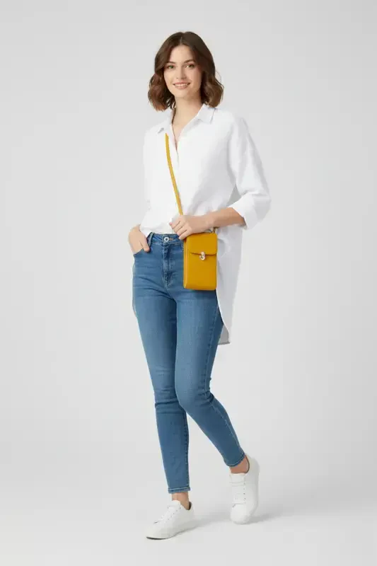 Yellow genuine leather crossbody phone bag with card holder and zippered women's bag. - 2