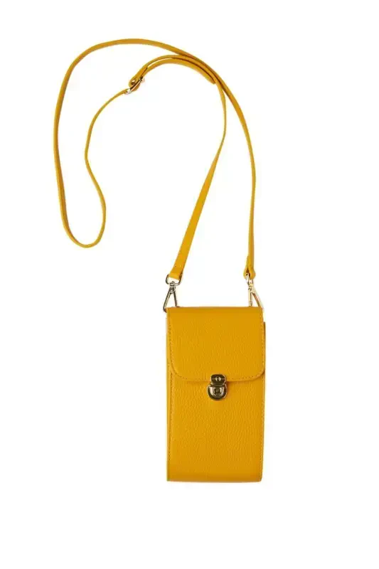 Yellow genuine leather crossbody phone bag with card holder and zippered women's bag. - 3