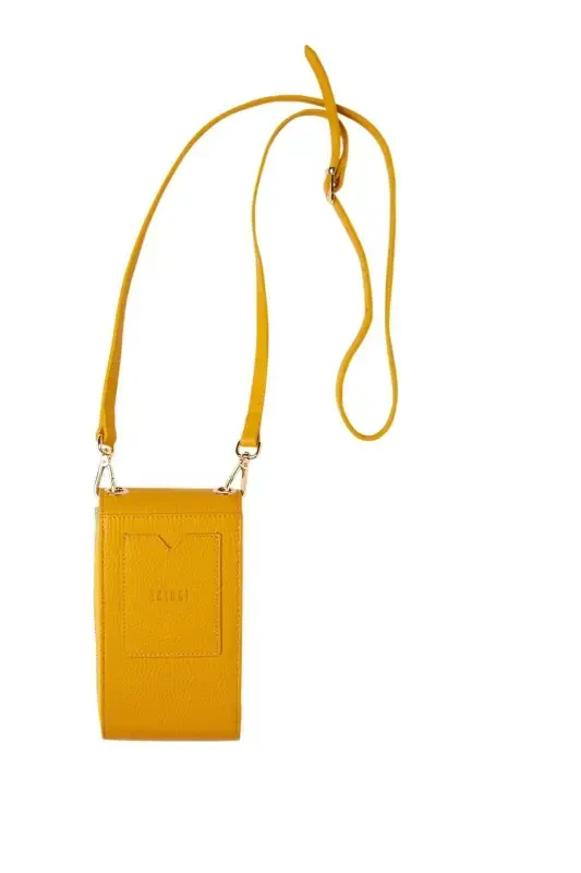 Yellow genuine leather crossbody phone bag with card holder and zippered women's bag. - 4