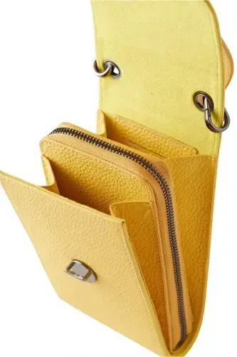 Yellow genuine leather crossbody phone bag with card holder and zippered women's bag. - 6
