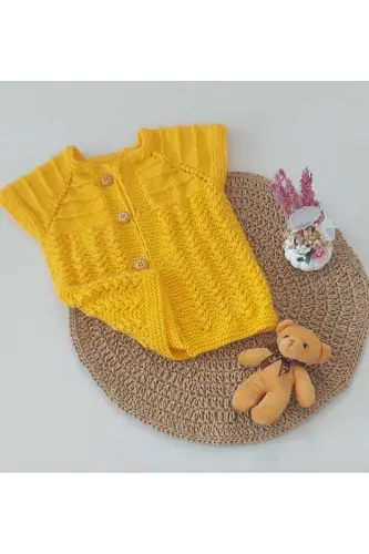 Yellow Newborn Cotton Vest, Buttoned, Hand Knitted, Gift Baby, Birth Moment, 0-12 Months - BEGİN (1)