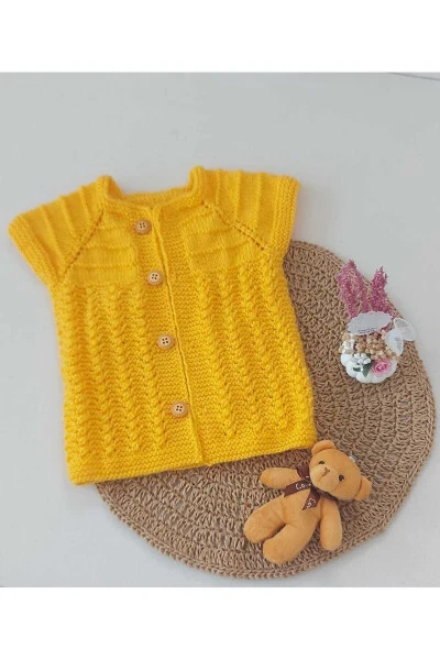 Yellow Newborn Cotton Vest, Buttoned, Hand Knitted, Gift Baby, Birth Moment, 0-12 Months - 3