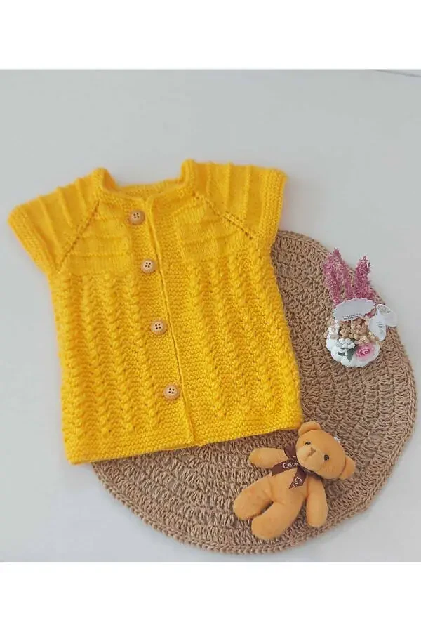 Yellow Newborn Cotton Vest, Buttoned, Hand Knitted, Gift Baby, Birth Moment, 0-12 Months - 3