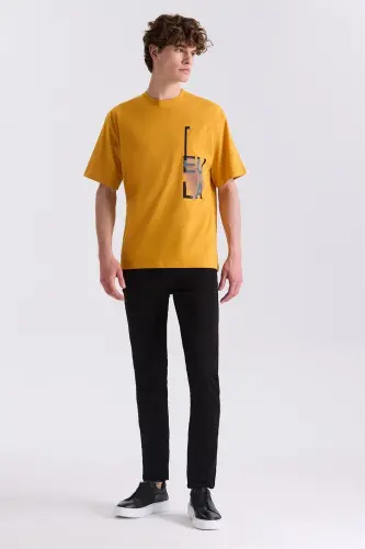 Yellow Oversized Text Printed Bike Collar T-Shirt - JAKAMEN (1)