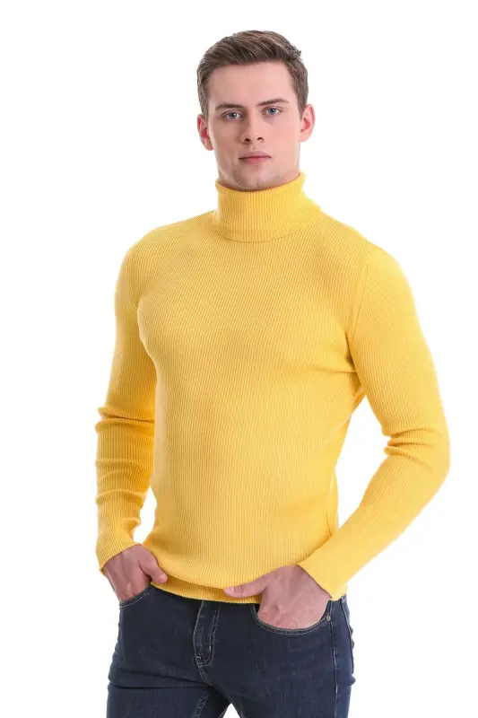 Yellow Slim Fit Ribbed Turtleneck Woolen Knit Sweater - Yellow - HATEMOĞLU