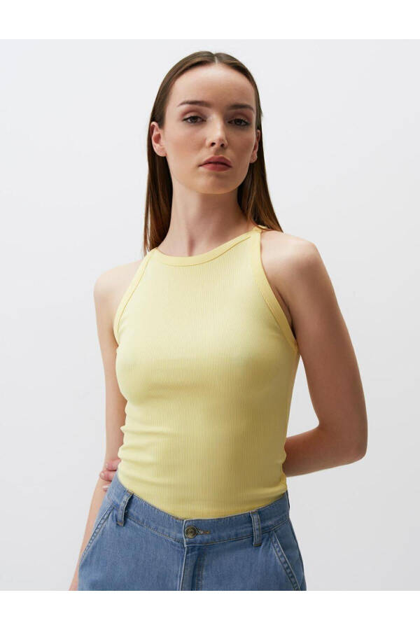 Yellow Slim Fit Sleeveless Halter Neck Basic Knit Tank Top - 11