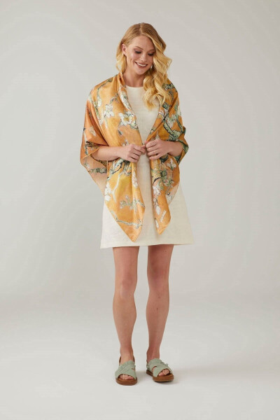 Yellow Van Gogh Almond Blossoms 140x140 square silk scarf. New Spring/Summer collection. - DERIDERIM