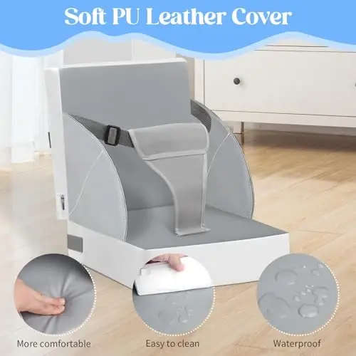 Toddler Booster Seat for Kitchen Chair Dining Table, PU Waterproof Strong Support Portable Booster Chair for Toddlers Eating, Easy Cleaning Booster Seat Cushion Detachable with Adjustable Straps - 3