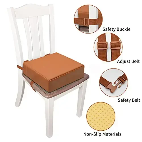 Toddler Booster Seat for Dining Table, PU Washable Double Safe Straps Non-Slip Bottom Booster Seat Dining Toddler, Portable Travel Increasing Cushion (Brown) - 3