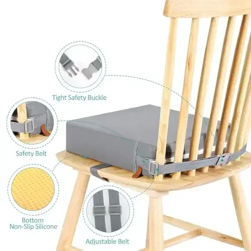 Toddler Booster Seat for Dining Table, Stronger Support Non-Slip Bottom Booster Seat for Kitchen Chair 2 Adjustable Straps Portable Travel and Home Increasing Booster Cushion Kid Baby(Grey) - 6