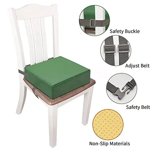 Toddler Booster Seat for Dining Table, PU Washable Double Safe Straps Non-Slip Bottom Booster Seat Dining Toddler, Portable Travel Increasing Cushion (Dark Green) - 4