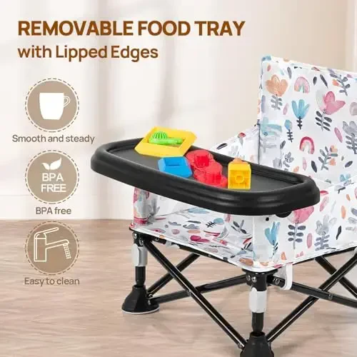 Toddler Booster Seat for Dining Table & Kitchen Chair - Portable Foldable with Removable Tray, Baby Camping Chair 6-36 Months Indoor Outdoor (Green Stripe) - 4