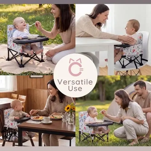 Toddler Booster Seat for Dining Table & Kitchen Chair - Portable Foldable with Removable Tray, Baby Camping Chair 6-36 Months Indoor Outdoor (Green Stripe) - 4