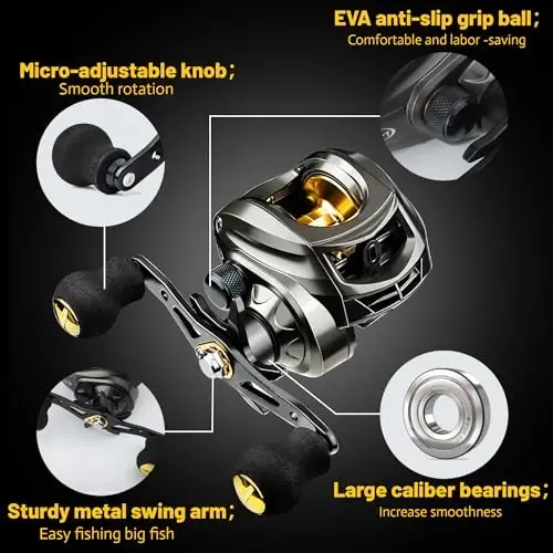 Lacusmall Baitcaster Reel, Fishing Reel, Magnet Braking System, 17.6 LB Max Drag, 7.2: 1 and 6.3: 1 Gear Ratio - 5