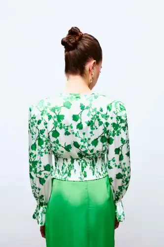 Yengli Ruffled Saten Ko'ylak - YASHIL - 5