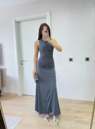 Yengsiz burmali uzun ko'ylak - Tutun rang - 3