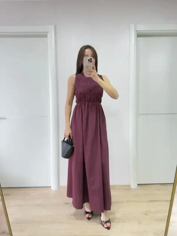 Yengsiz, ko'krak qismidan rezinkali uzun ko'ylak - Bordo - 3