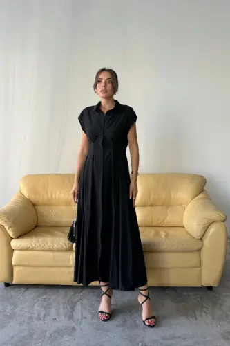 YENGSIZ, YELKALI, OLDIDAN TUQMALI, BEL BO'YINTURUQLI POPLIN KO'YLAK - Qora - 4