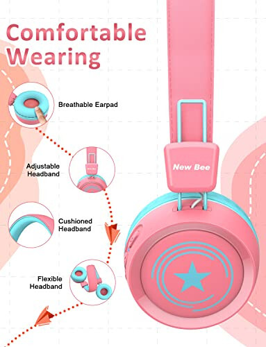 Yeni Arı Çocuk Bluetooth Kulaklık Mikrofonlu Bluetooth 5.0 Kablosuz Çocuk Kulaklık 32 Saat Oynatma Süresi/94dB Sesi Sınırlı Kulak Üstü Kulaklık Okul/Kızlar/Erkekler/iPad/Fire Tablet için (Pembe) - 3