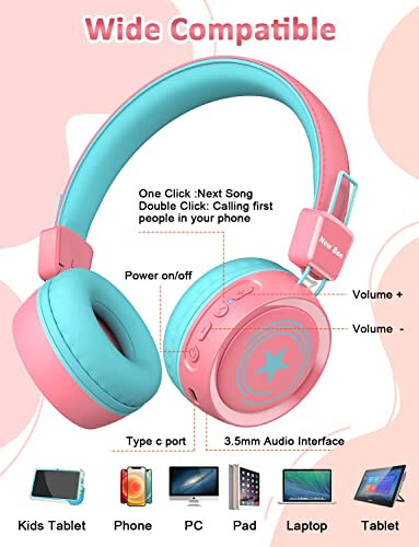 New bee Kids Headphones Wired for School with Microphone KH20 HD Stereo Safe Volume Limited 85dB/94dB Foldable Lightweight for Girl/Mac/Android/Kindle/Tablet/Pad (Pink) - 4