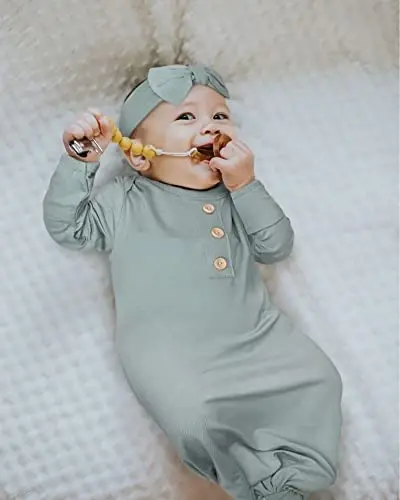 Newborn Baby Knotted Gown, Super Soft Silky Infant Sleeper, Baby Girl Sleep Gown with Mittens, Bow, and Hat Set - 7