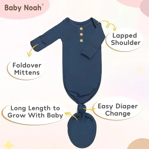 Newborn Baby Knotted Gown, Super Soft Silky Infant Long Sleeve Sleeper with Tie Bottom, Baby Girl and Boy Sleep Gown - BABY NOAH (1)