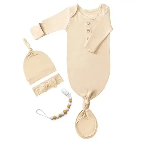 Newborn Baby Knotted Gown, Super Soft Silky Infant Sleeper, Baby Girl Sleep Gown with Mittens, Bow, Clip and Hat Set - 1